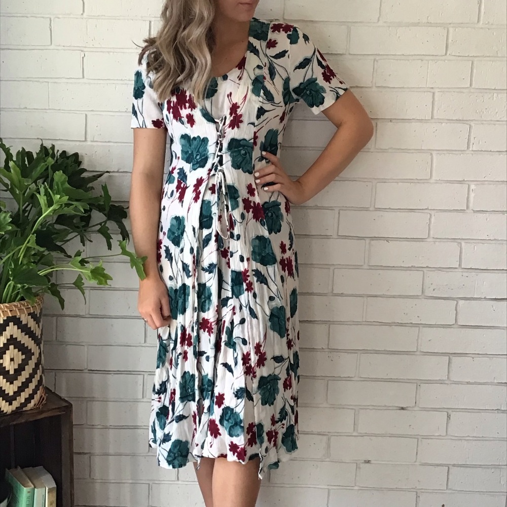 Cottagecore Floral Front Tie Cinch Waist Midi Dress